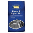 Blue badminton llama and alpaca mix feed bag with black and white animal image and white text, adanish designed