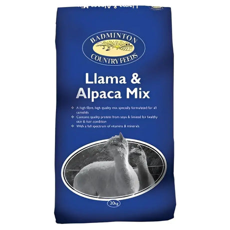 Blue badminton llama and alpaca mix feed bag with black and white animal image and white text, adanish designed