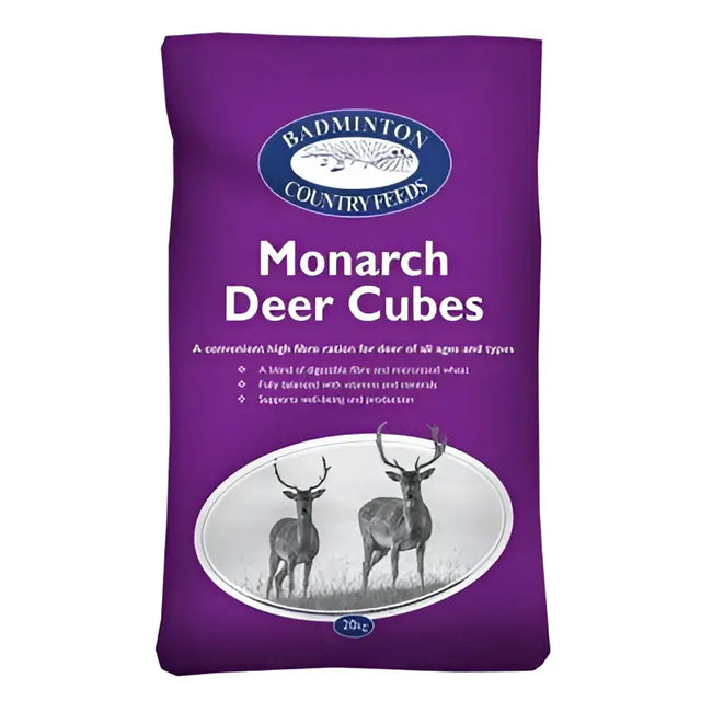 Purple bag of badminton monach deer cubes high fibre ration with digestible fibre and micronised wheat 20 kg pack