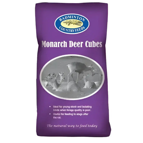 Purple bag of badminton monarch deer cubes with easy-to-feed fully balanced feed and circular deer image on front
