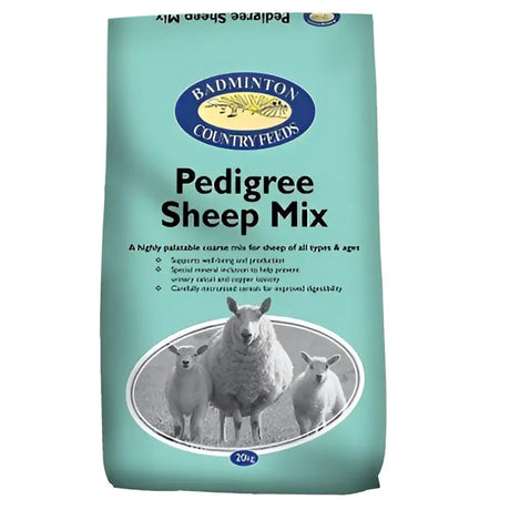 A teal bag of badminton pedigree sheep mix feed with a circular image of sheep and lambs perfect for ram lambs