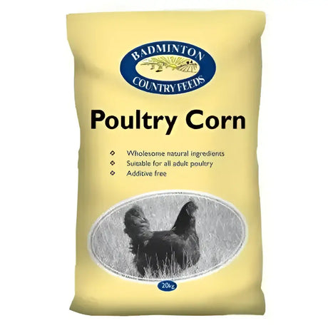 Yellow bag of badminton poultry corn 20kg with appetising blend and fully balanced mixed poultry corn ration