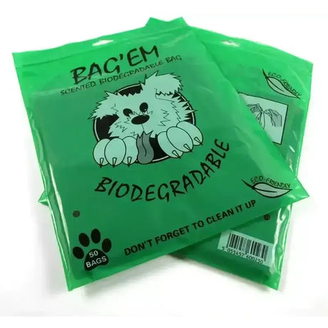 Green plastic package of bag’em biodegradable poo bags with a cartoon white dog for scented biodegradable dog waste bags