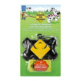 Black bone-shaped board bone dispenser with yellow warning sign and bonus dookie dock bag holder included