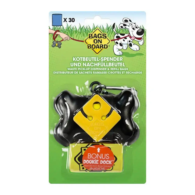 Black bone-shaped board bone dispenser with yellow warning sign and bonus dookie dock bag holder included