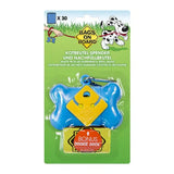 Blue and yellow bags on board bone dispenser with carabiner clip is a bone-shaped dispenser refillable waste pick-up tool