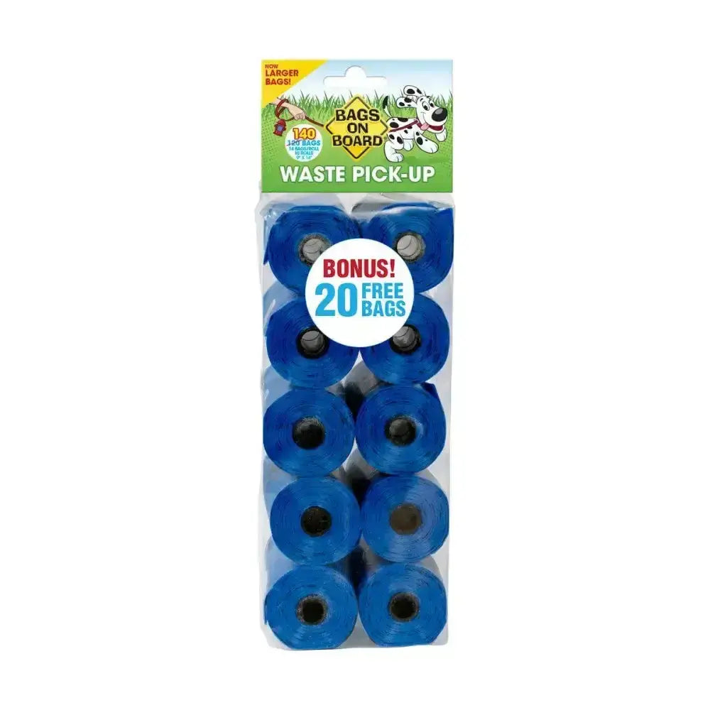 Bags on board refill rolls with blue plastic pet waste bags for large dogs droppings in clear package with cartoon dogs