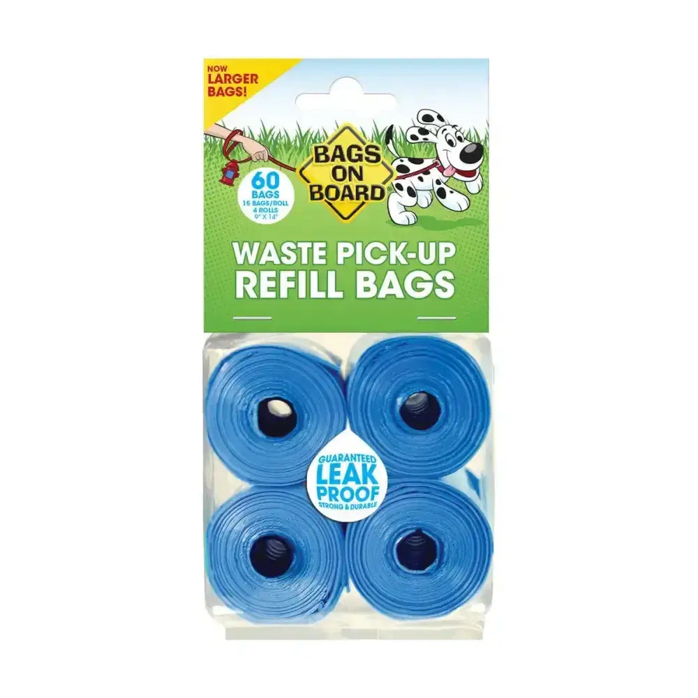 Bags on board refill rolls of blue plastic pet waste bags in green and yellow packaging for large dog’s droppings cleanup
