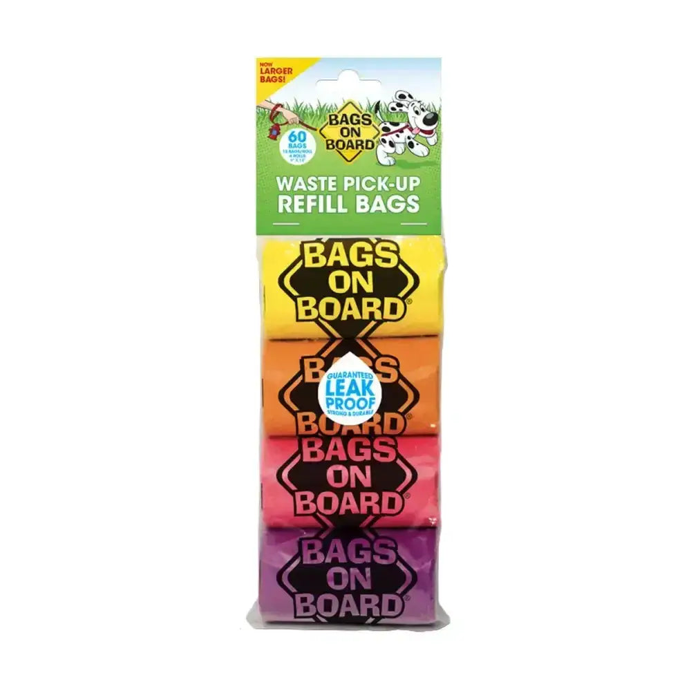 Pack of colorful bags on board refill rolls in yellow orange pink and purple for large dogs droppings cleanup