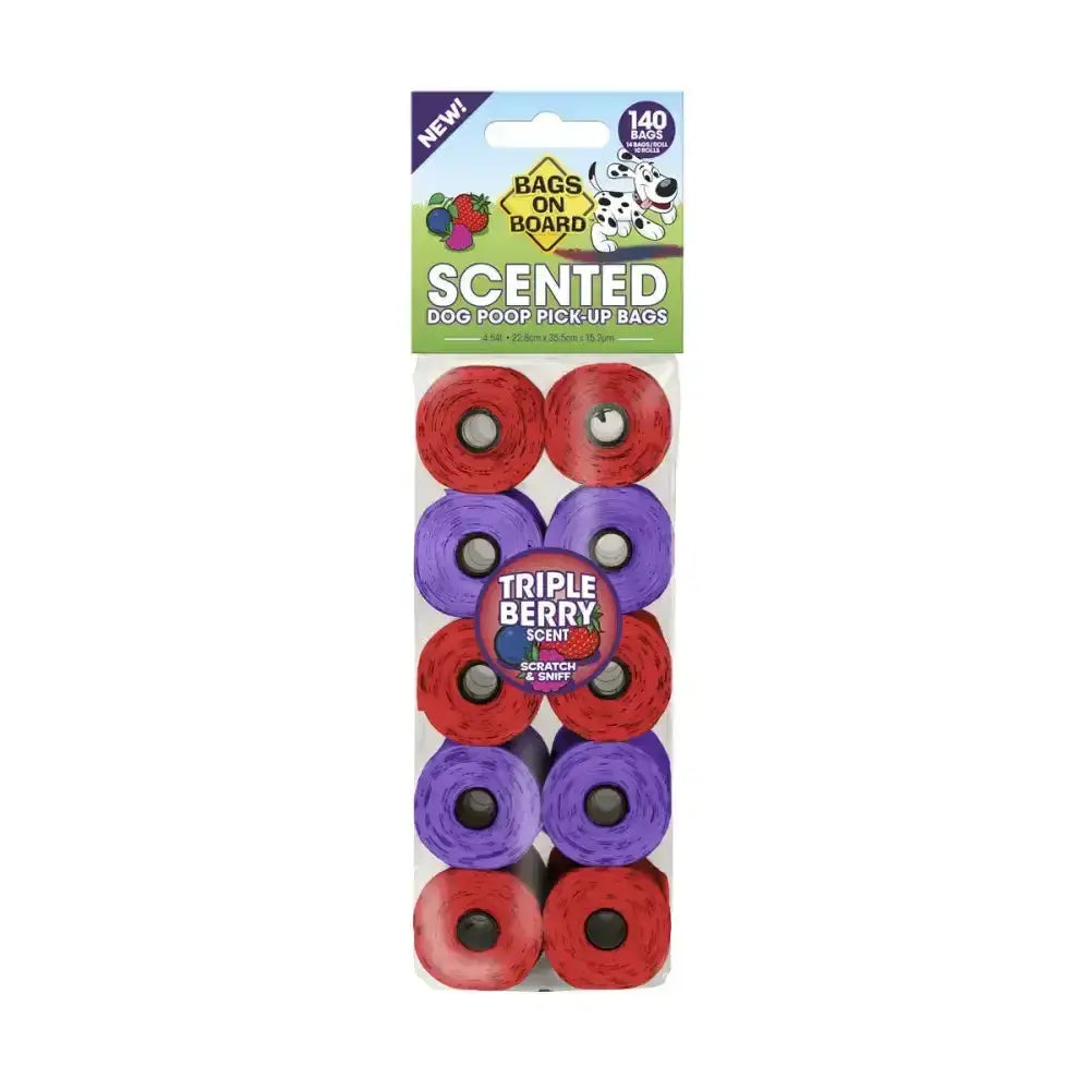 Red and purple bags on board scented refill rolls with 140 larger bag size dog poop pick up bags in package