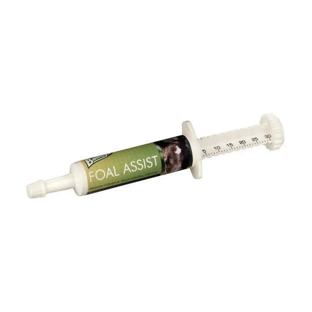 White plastic baileys foal assist syringe with green black label showing foal for micronutrient support