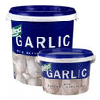 Blue and white plastic buckets of baileys garlic supplement with natural garlic oil for highly palatable horse supplements