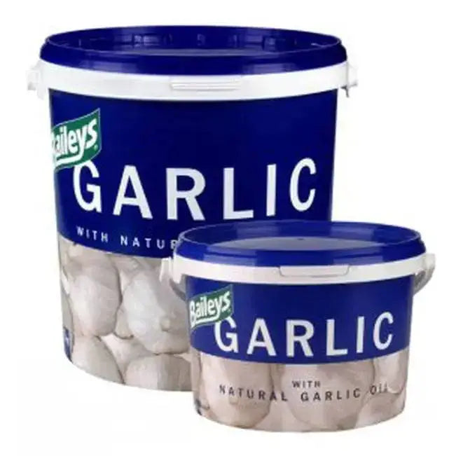 Blue and white plastic buckets of baileys garlic supplement with natural garlic oil highly palatable horse supplements