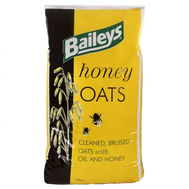 Baileys honeyed oats 20 kg in bright yellow and black bag with oat plants and bees illustration on the front