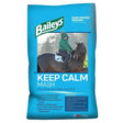 Baileys keep calm quick-soaking high fibre feed in 20kg blue bag with green logo and rider on dark brown horse