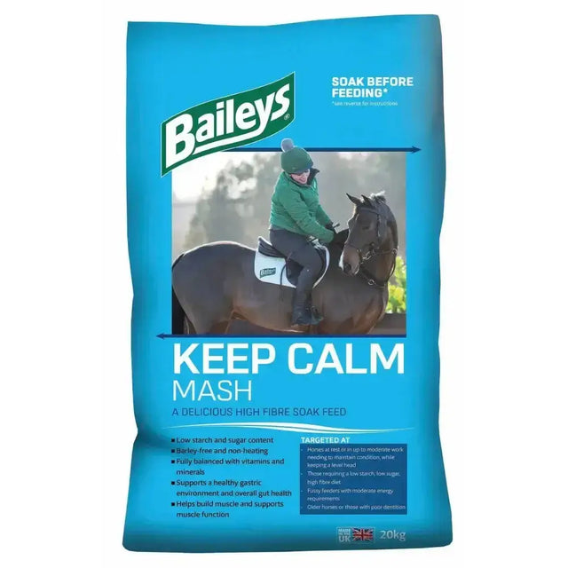Baileys keep calm quick-soaking high fibre feed in 20kg blue bag with green logo and rider on dark brown horse