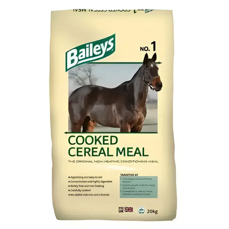 Baileys no 1 cooked cereal meal in cream bag with green branding featuring a dark brown horse for non-heating conditioning feed