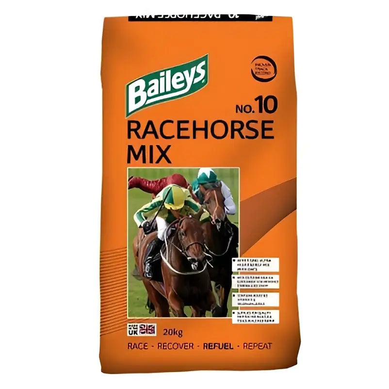 Baileys no 10 racehorse mix 20 kg bag of orange digest plus prebiotic feed with vibrant jockeys racing image on front
