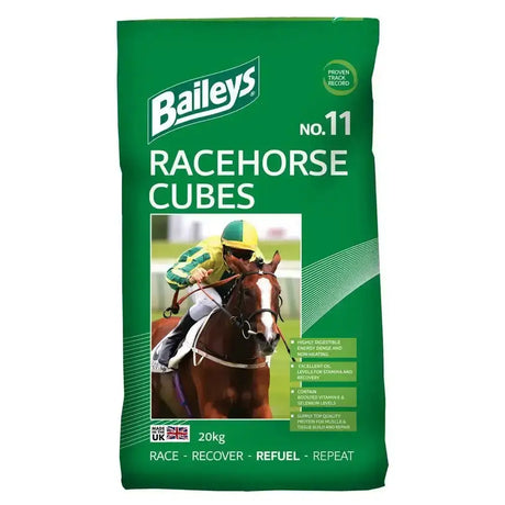 Green bag of Baileys No 11 racehorse cubes 20kg feed with jockey and horse photo for highly digestible non heating energy