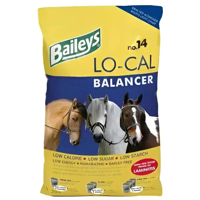 Yellow and blue bag of Baileys No 14 lo-cal balancer horse feed with three horses and non-heating essential nutrients