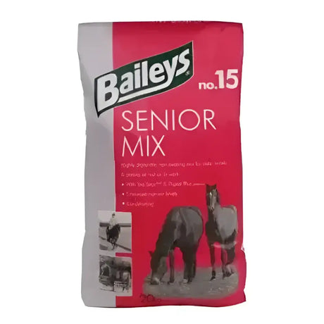 Baileys no 15 senior mix horse feed in a red and grey bag with images of horses and elevated nutrient levels