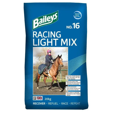 Baileys no 16 racing light mix 20kg blue bag horse feed with jockey image supporting nutrition for box rest needing horses