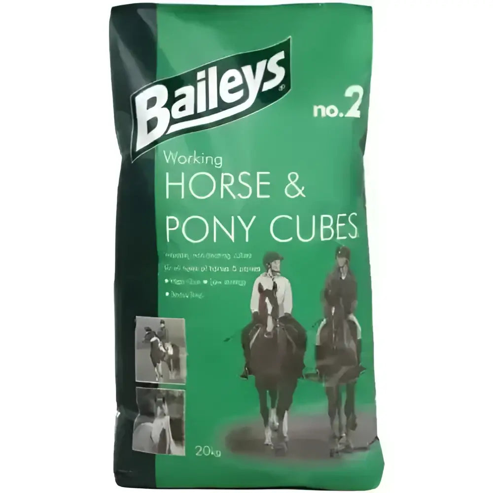 Green and black bag of baileys no 2 pony cubes horse feed perfect all round barley-free working cubes 20kg pack