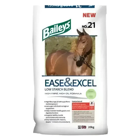 Baileys no 21 ease and excel horse feed in white bag with green and red text and brown horse image for high specification low starch diet