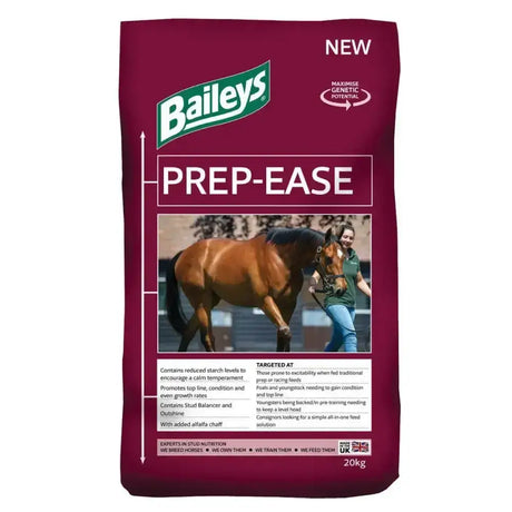 Maroon bag of baileys no 22 prep ease horse feed with green logo and brown horse for racing feeds foals and level head prep ease