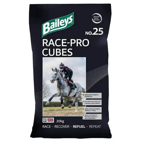 Black bag of baileys no 25 race pro cubes horse feed with green logo and jockey on grey racehorse oat-based racing feeds
