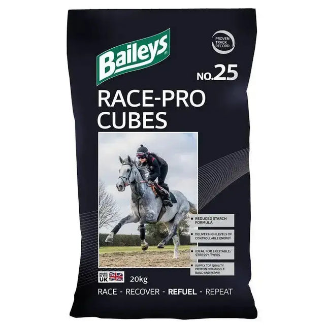 Black bag of baileys no 25 race pro cubes horse feed with green logo and jockey on grey racehorse oat-based racing feeds