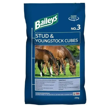 Baileys no 3 stud and youngstock cubes horse feed 20kg bag blue lower starch alternative youngstock mix