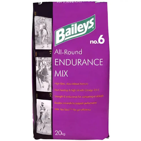 Purple baileys no 6 all-round endurance mix horse feed bag with black and white horse racing image and slow release energy