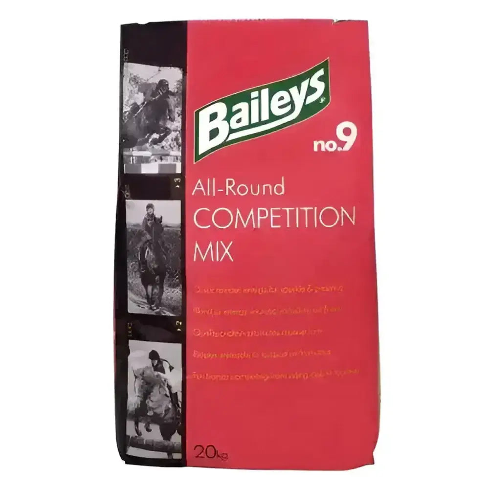 Baileys no 9 all-round competition mix horse feed 20kg bag with vintage red and black nutrient dense competition mix