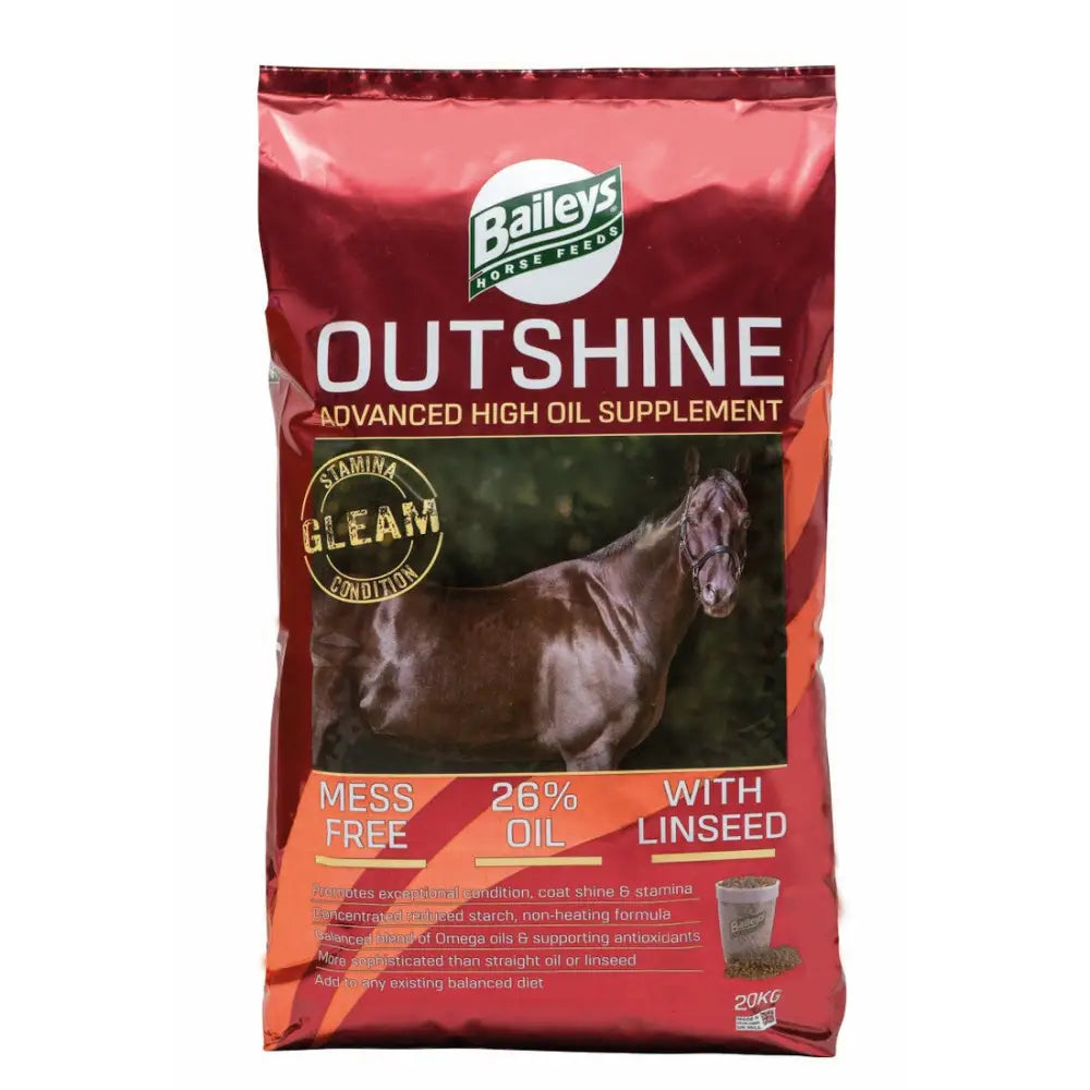 Baileys outshine high oil supplement in shiny red and orange bag with dark brown horse for outstanding coat shine