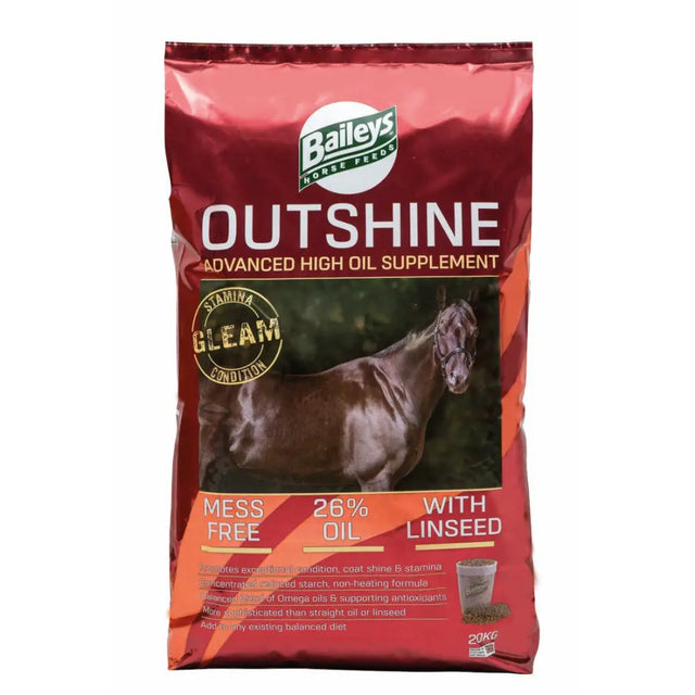 Baileys outshine high oil supplement in shiny red and orange bag with dark brown horse for outstanding coat shine