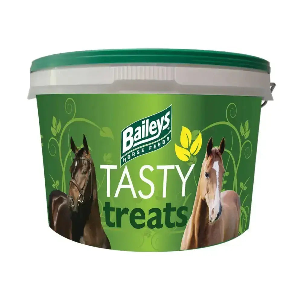Green plastic bucket of baileys tasty treats horse treats with white and green lid featuring two horses on the label