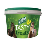 Green plastic bucket of baileys tasty treats horse treats with white and green lid featuring two horses on the label