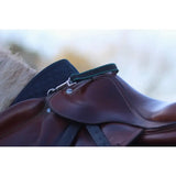 Brown leather balance handle with green fabric strap and silver trigger clips featuring a rubber grip
