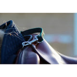 Dark brown leather balance handle with silver buckle and green strap featuring rubber grip and trigger clips