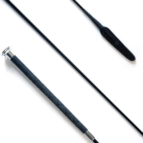 Black balanced junior dressage whip with split flap 75cm textured grip and silver metal ferrule for junior riders