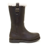 Dark brown bareback footwear alaska storm waterproof boots with cosy sheep wool faux fur lining and brass buckle detail