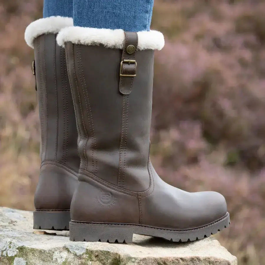Brown bareback footwear alaska storm waterproof boots with cosy sheep wool lining and brass buckle detail
