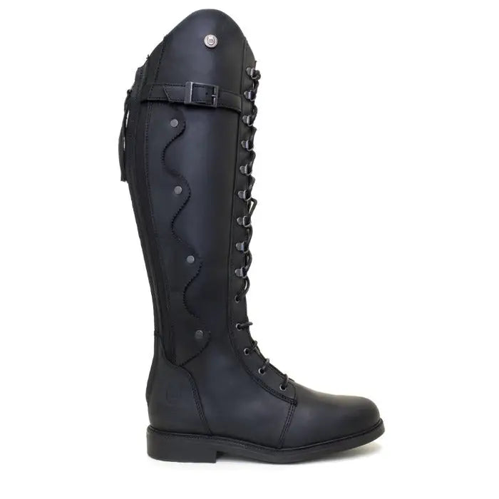 Black leather andalucia boots black with sleek tall design, decorative stitching, side lacing, and moisture wicking sheepskin insole