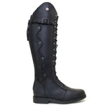 Black leather andalucia boots black with sleek tall design, decorative stitching, side lacing, and moisture wicking sheepskin insole