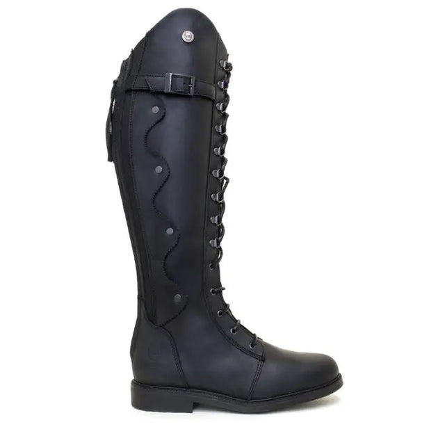 Black leather andalucia boots black with sleek tall design, decorative stitching, side lacing, and moisture wicking sheepskin insole