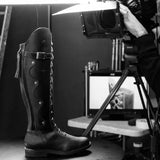 Black leather andalucia boots black with decorative stitching metal buckle tassel and moisture wicking sheepskin insole
