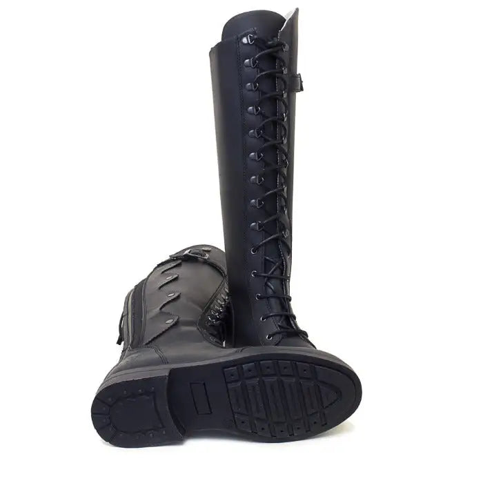 Black leather andalucia boots black knee-high lace-up with sturdy rubber sole and sheepskin insole moisture wicking