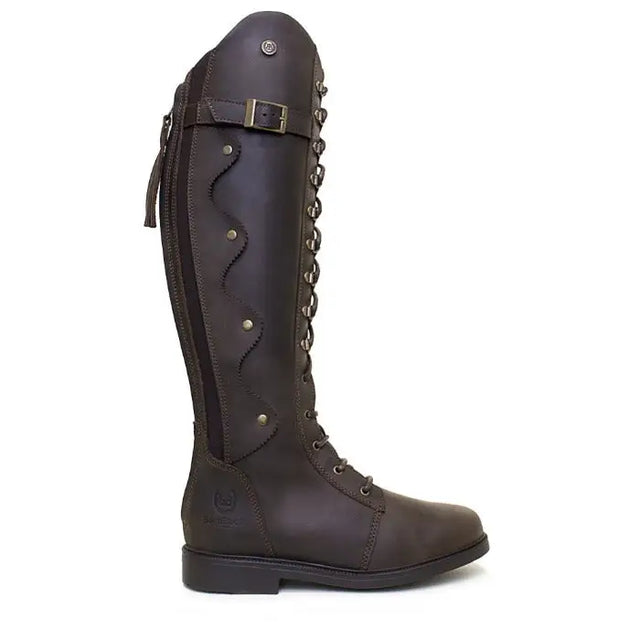 Dark brown leather andalucia boots brown with scalloped lace-up design metallic hardware and bareback footwear rear opti zip