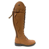 Tan leather Bareback Footwear Andalucia Boots desert with zigzag stitch, brass buckle, lacing, and rear opti zip